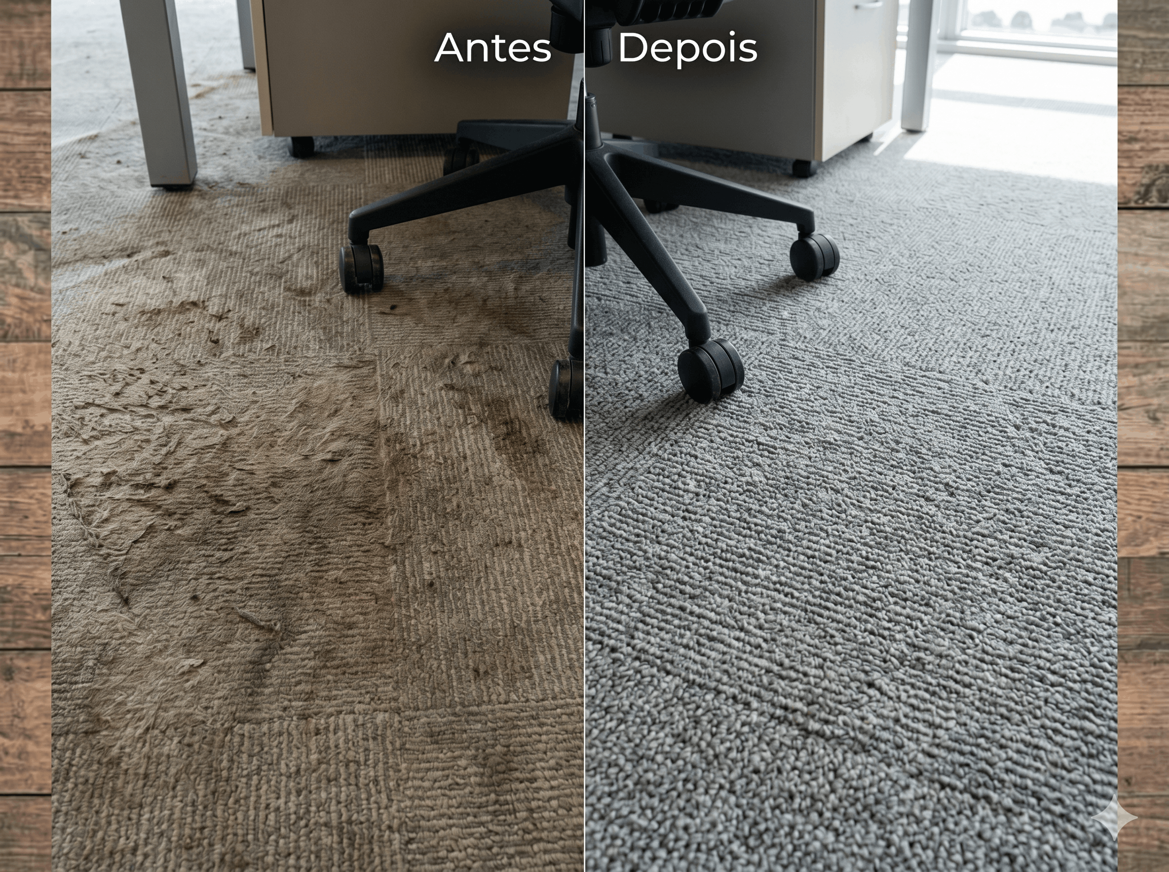 Antes e depois da higienização de carpete de escritório em Porto Alegre - serviço profissional de limpeza e higienização de carpetes empresariais